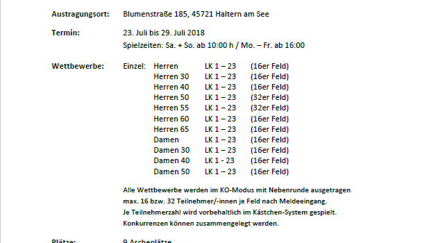 Ausschreibung zur Halterner TC Open 2018